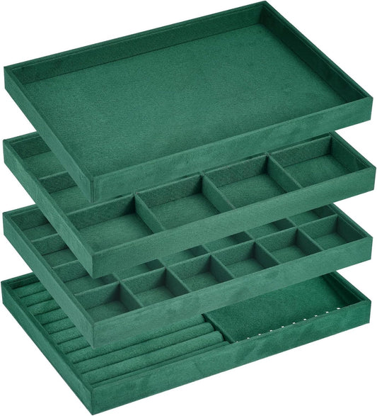 Jewelry Tray, 4 Set of Stackable Jewelry Display Tray, Velvet Jewelry Organizer, Storage Box for Ring Earring Necklace Bracelet (Dark Green)