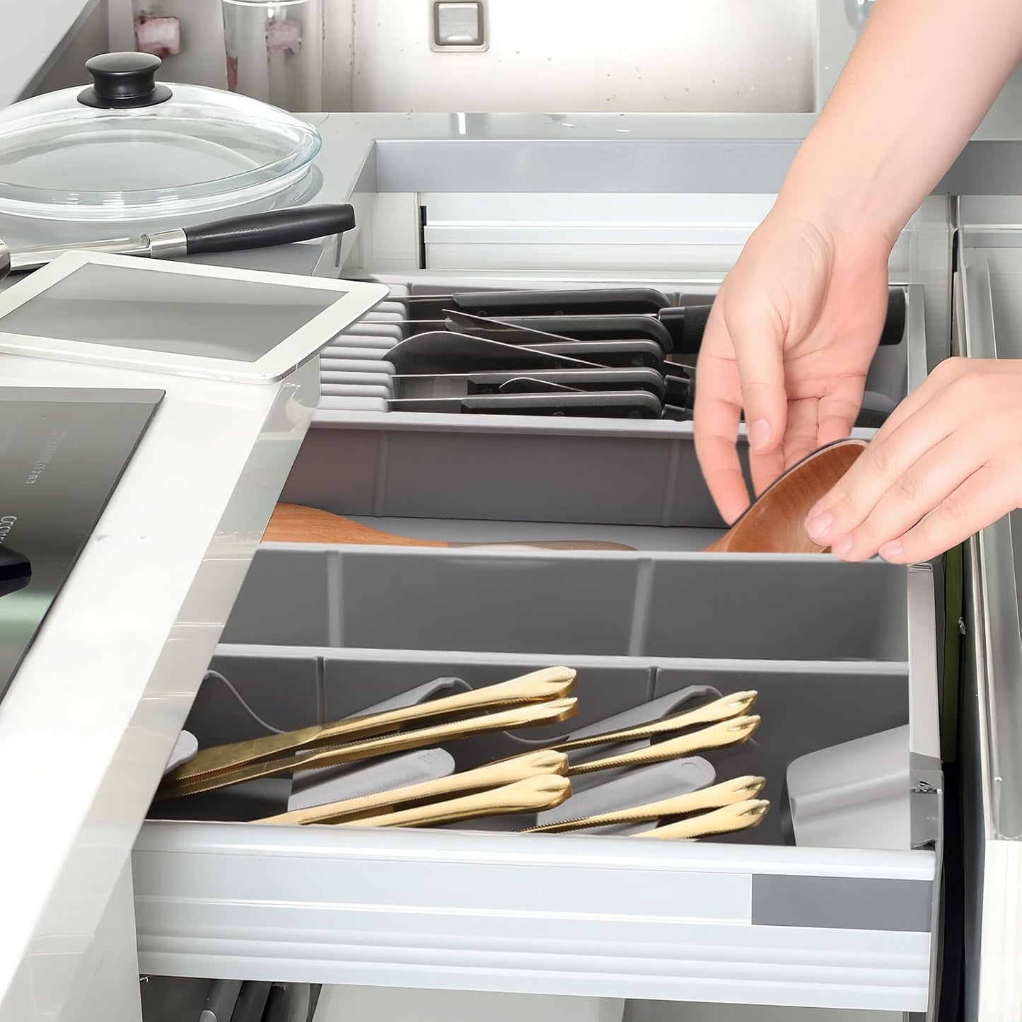 2 Pcs Knife & Silverware Drawer Organizer Holds 9 Knives with Flatware Tray Drawer Store Compact Utensil Organizer For Kitchen Silverware
