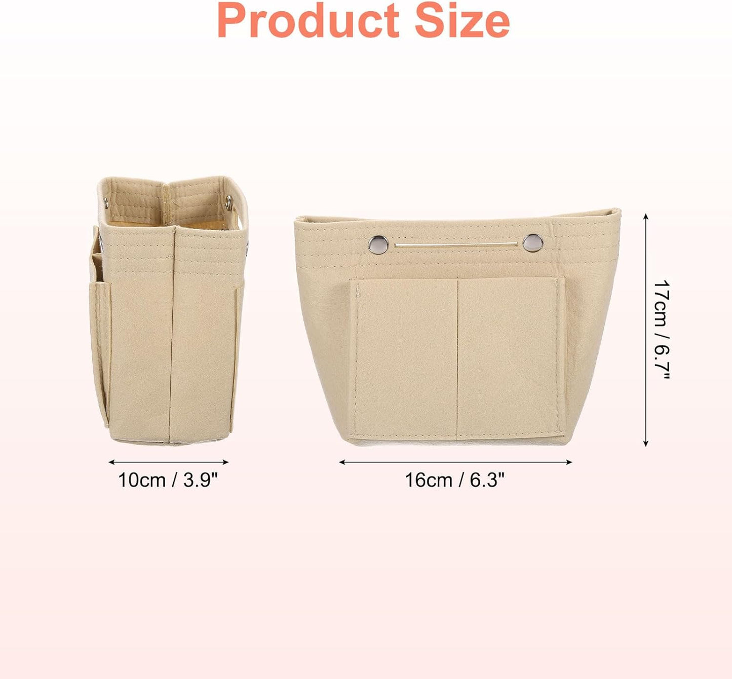 Purse Organizer Insert, Portable Felt Organizer Bags with Snap Multiple Compartments Purse Liner for Domed Satchel, Tote Bag, Handbag Shaper (7" x 4" x 6.3", Beige)