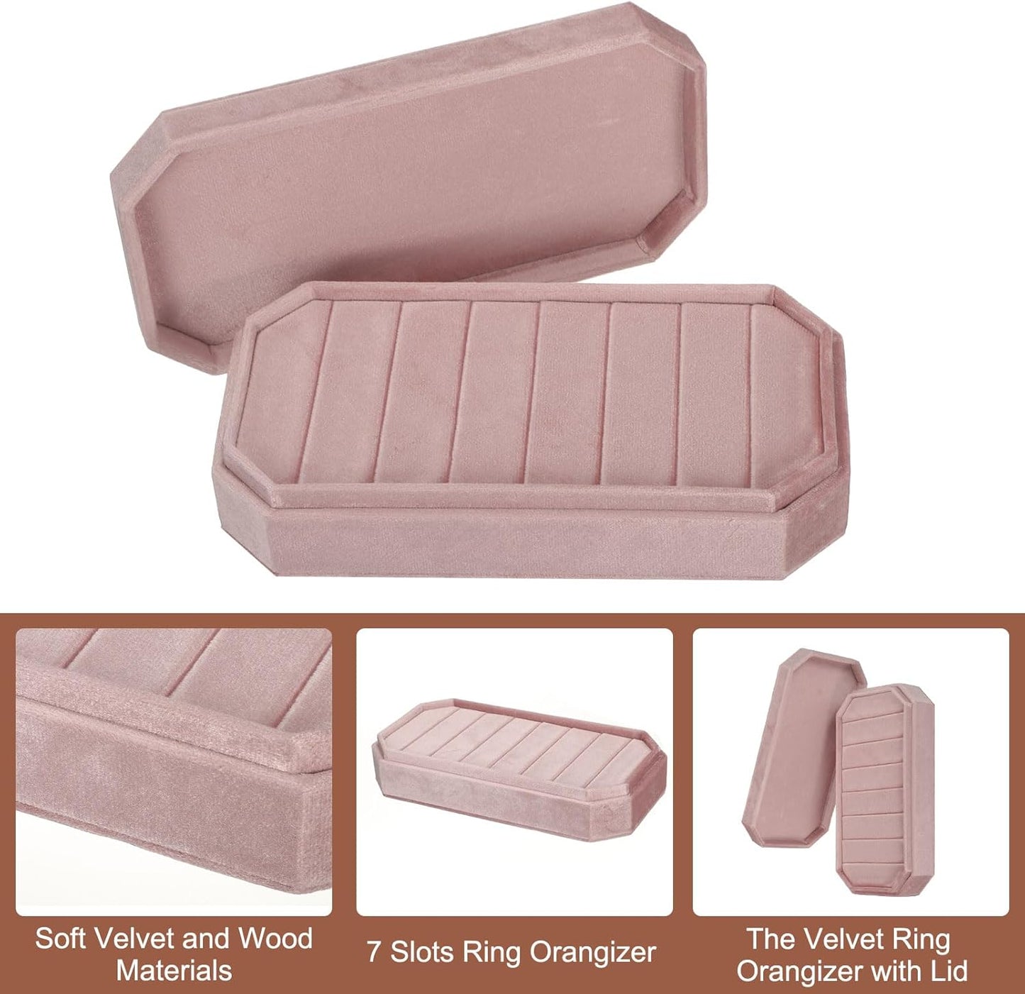 Velvet Ring Organizer Jewelry Display Tray 7 Slots Showcase Ring Holder Case Velvet Jewelry Organizer Box Stand with Lid for Rings Earrings Pink
