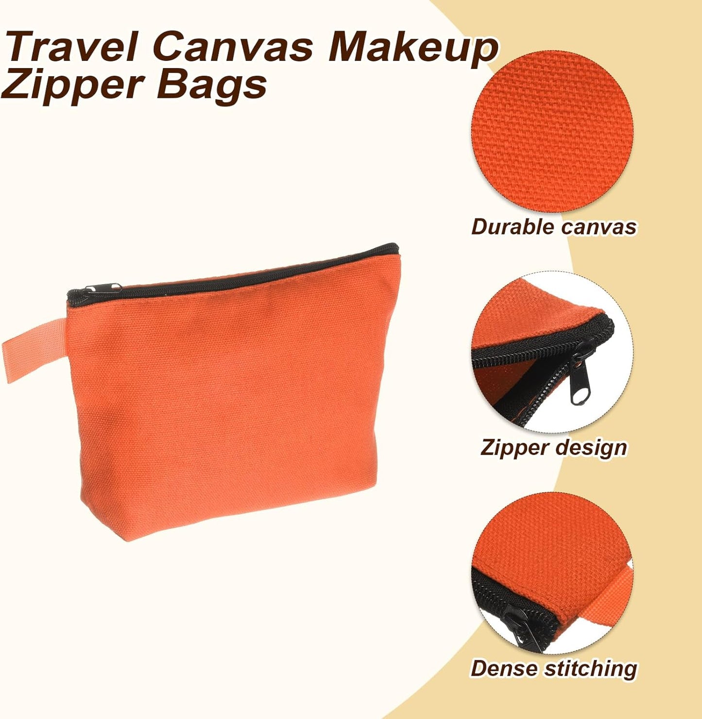 Canvas Makeup Bags, 10pcs Travel Cosmetic Bags Bulk, Multipurpose Plain Toiletry Zipper Pouches Blank DIY Craft Bags Pencil Bag for Women Teens, Orange(7.5 x 5 x 1.8inch)