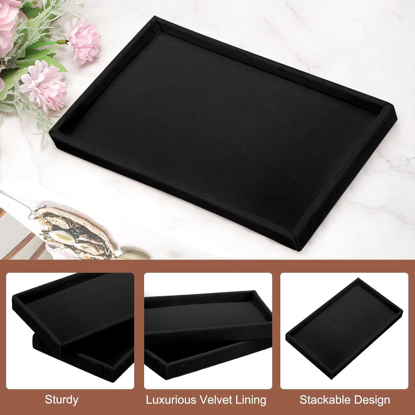 16PCS Jewelry Organizer Tray Stackable, Wooden Jewelry Containers Velvet Drawer Organizer Inserts Holder for Earrings Necklaces Rings Bracelet (8.5" x 5.1" x 1" Black)