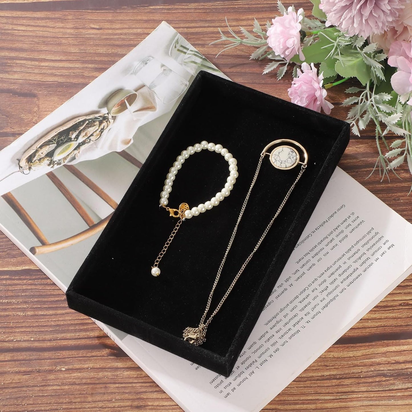 16PCS Jewelry Organizer Tray Stackable, Wooden Jewelry Containers Velvet Drawer Organizer Inserts Holder for Earrings Necklaces Rings Bracelet (8.5" x 5.1" x 1" Black)