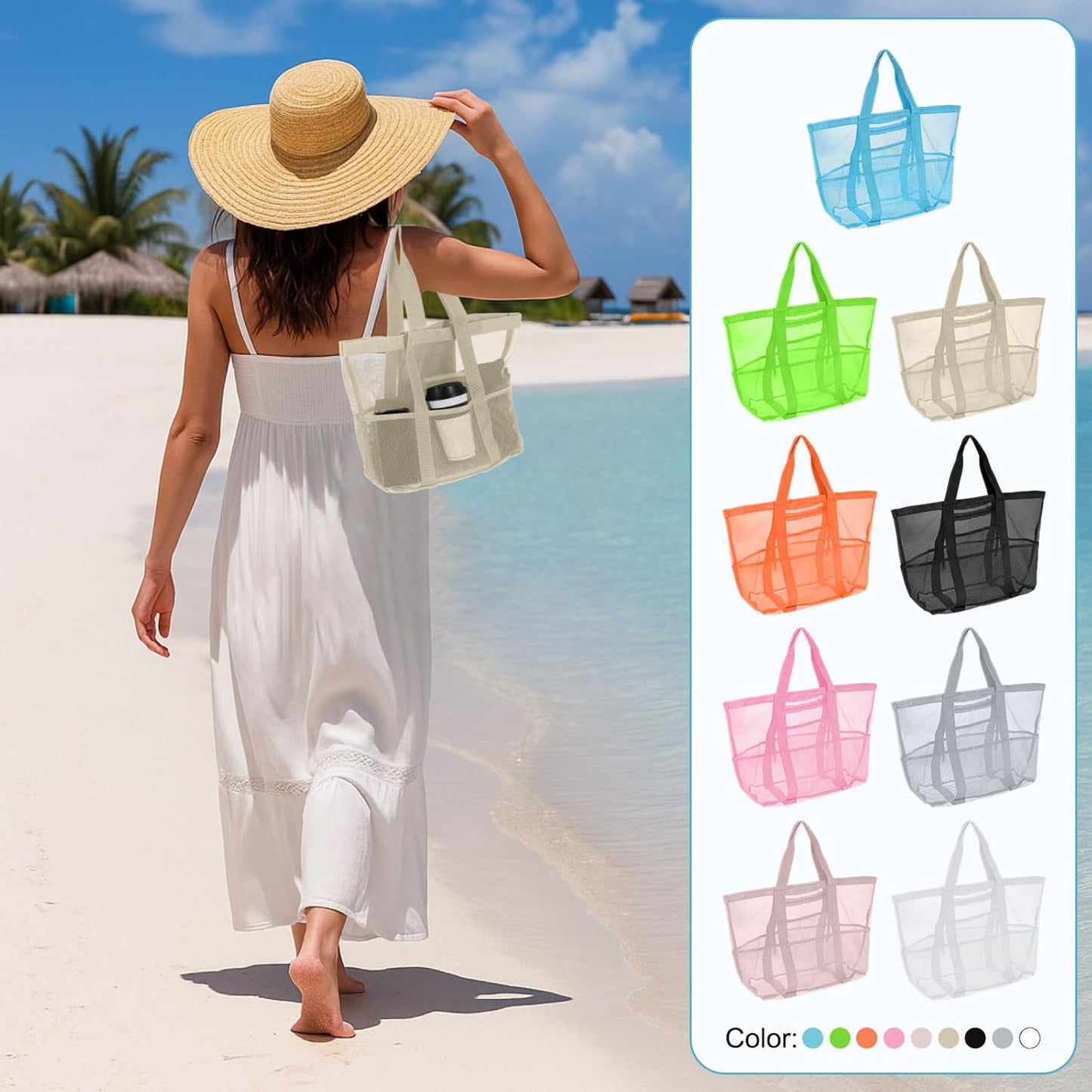 Mesh Beach Tote Bag, Upgraded Beach Towel Bags, Pool Bag for Vacation Travel Daily