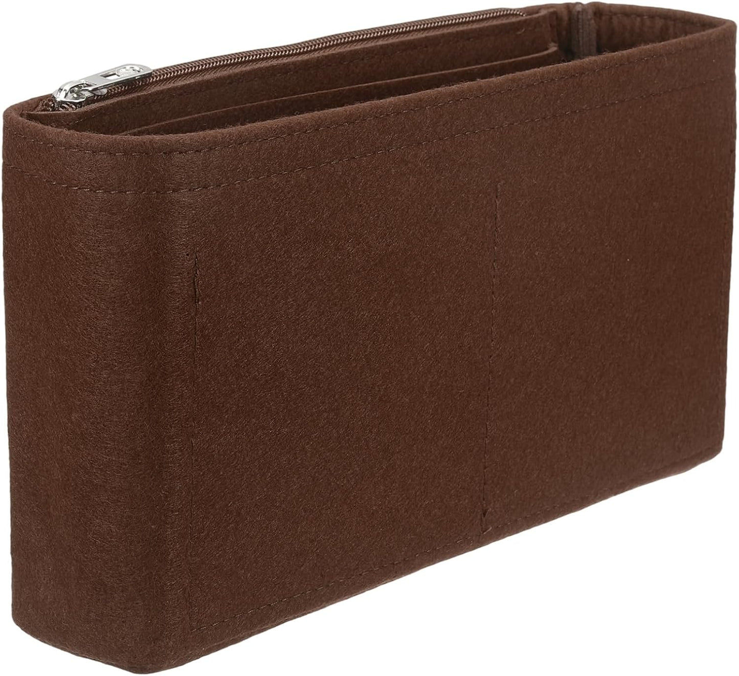 Purse Organizer Insert, Felt Portable Handbag Shaper with Zipper Multiple Compartments Liner Pouch for Handbag Purse Tote Bag, 10.6" x 2.2" x 6", Coffee
