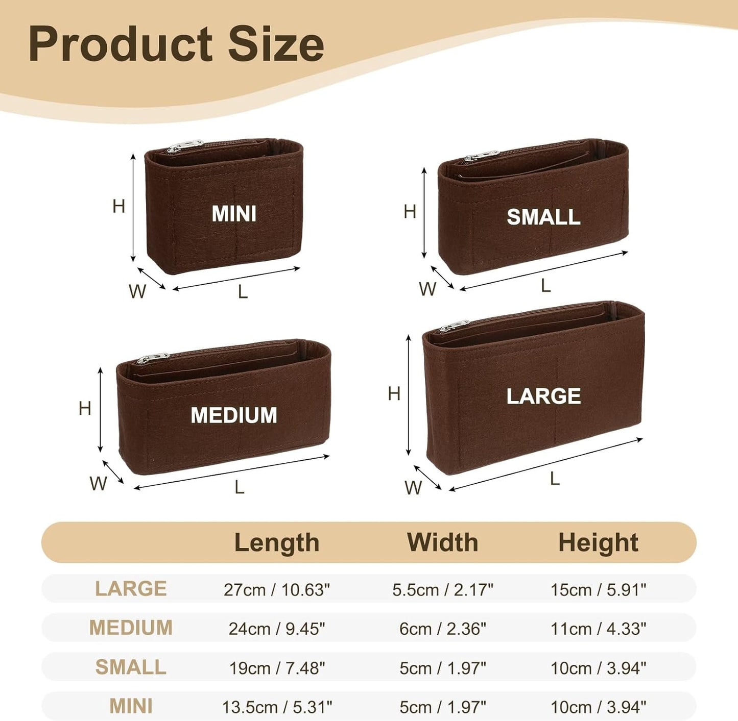 Purse Organizer Insert, Felt Portable Handbag Shaper with Zipper Multiple Compartments Liner Pouch for Handbag Purse Tote Bag, 10.6" x 2.2" x 6", Coffee