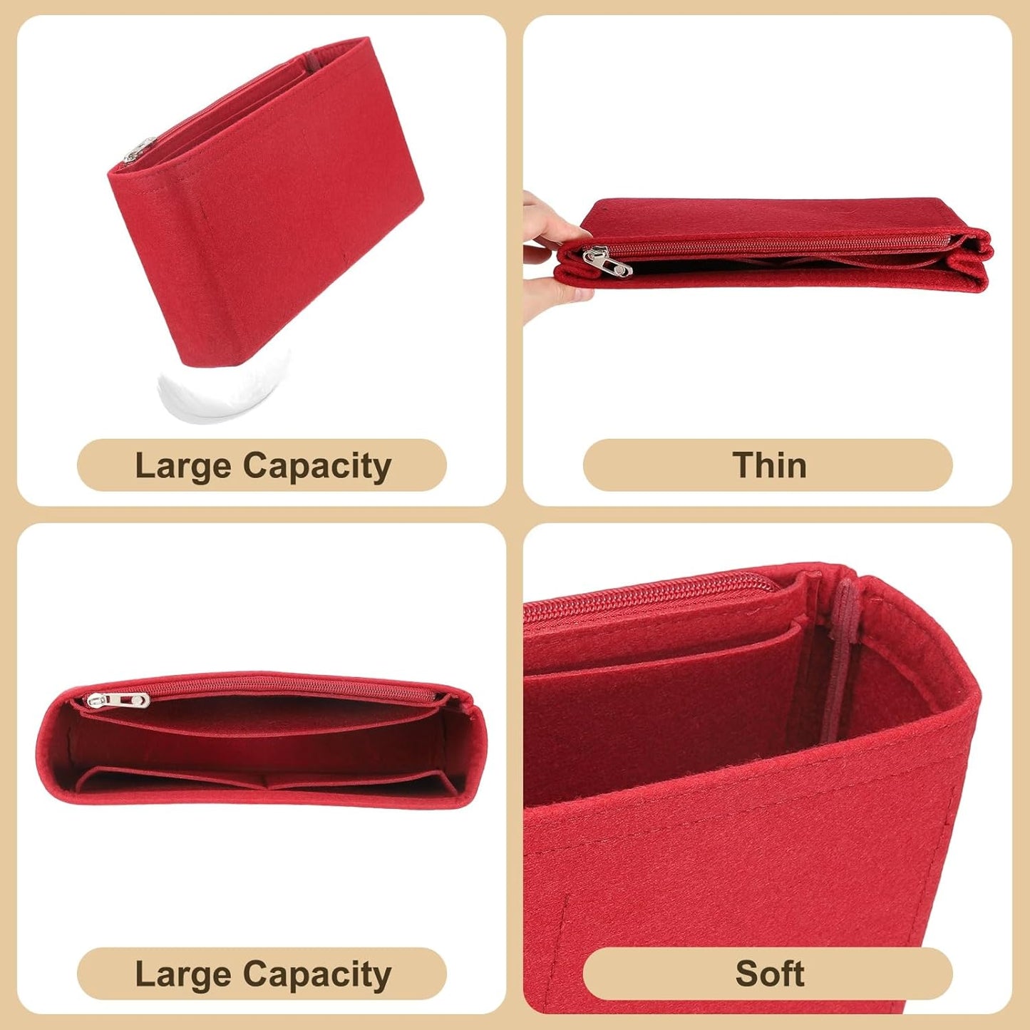 Purse Organizer Insert, Felt Portable Handbag Shaper with Zipper Multiple Compartments Liner Pouch for Handbag Purse Tote Bag, 10.6" x 2.2" x 6", Coffee