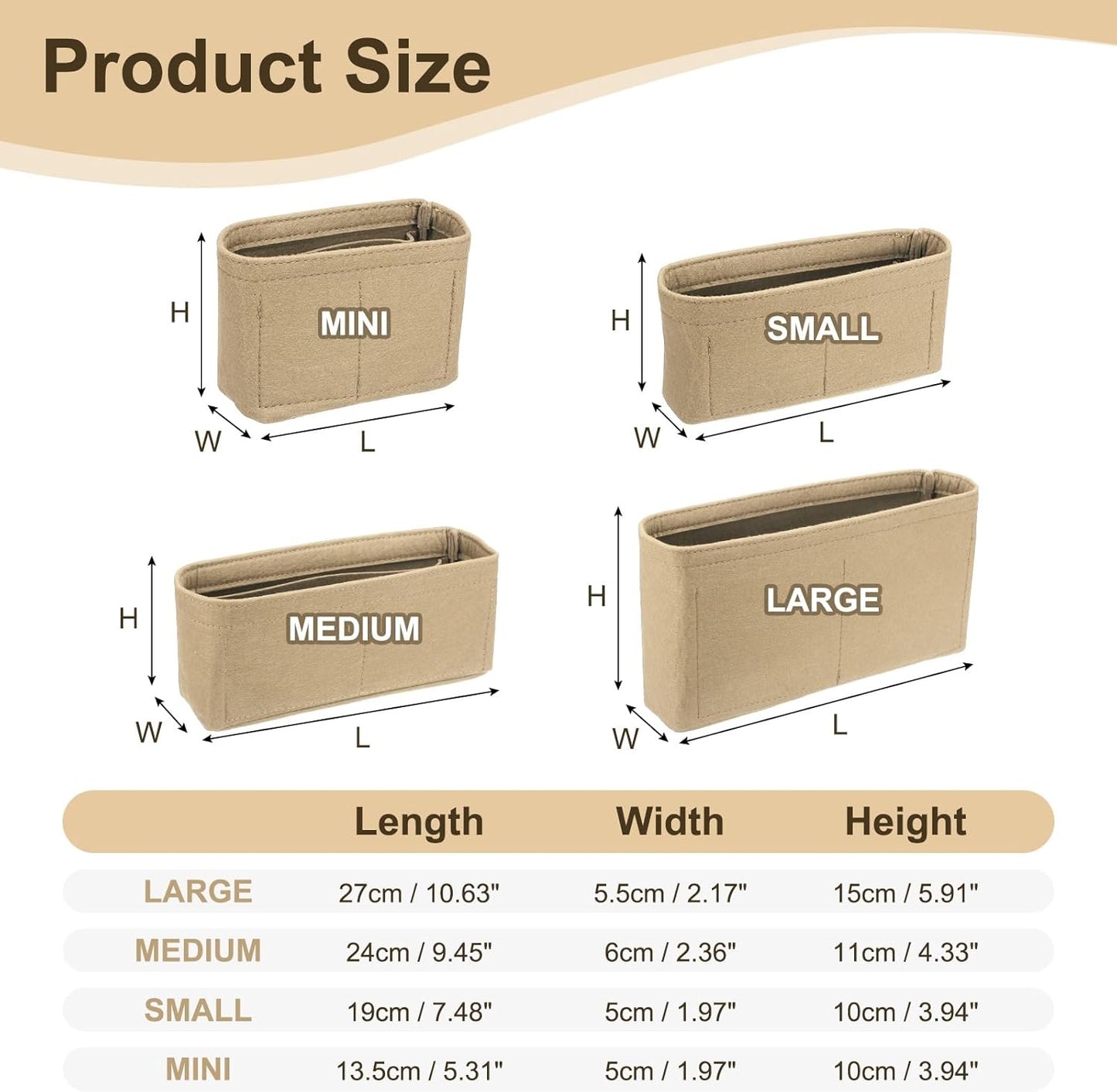 Purse Organizer Insert, Felt Portable Handbag Shaper Multiple Compartments Liner Pouch for Handbag Purse Tote Bag, 9.5" x 2.4" x 4.3", Beige