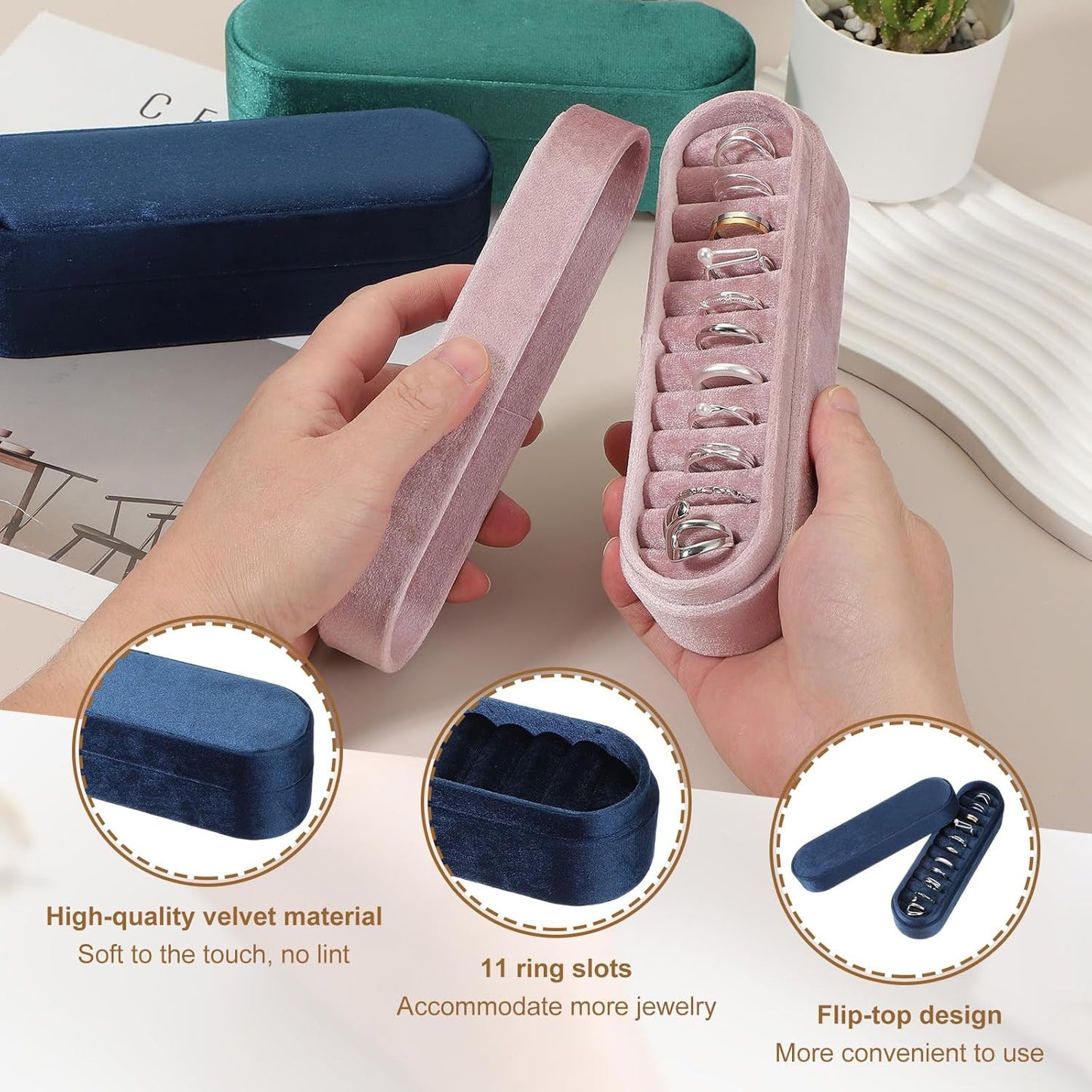 Velvet Ring Box, 11 Slots Travel Jewelry Case Ring Holder Organizer for Women Gift Proposal Christmas, Dark Blue