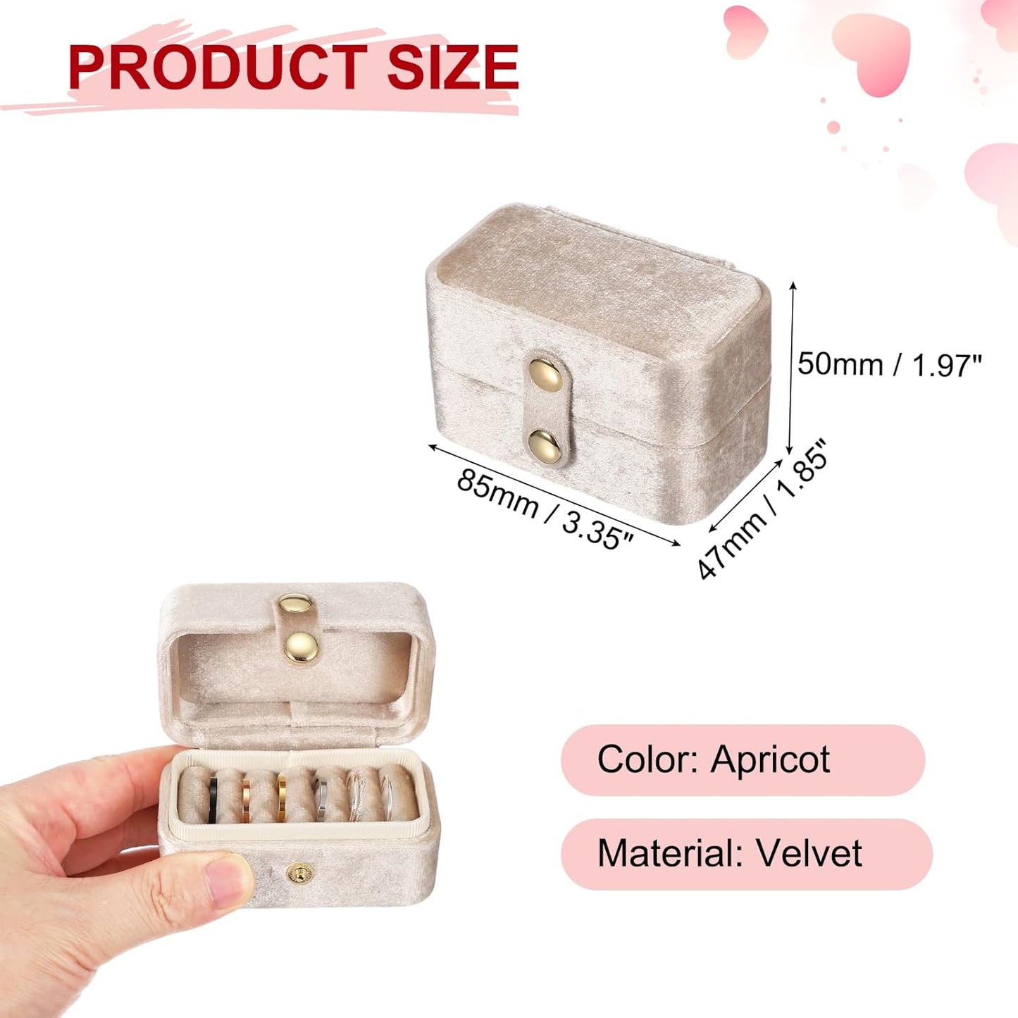 6 Slots Velvet Ring Box, 3.35 x 1.85 x 1.97 Inch Small Travel Jewelry Case Jewelry Display Holder Storage Case for Travel Ceremony Wedding, Apricot