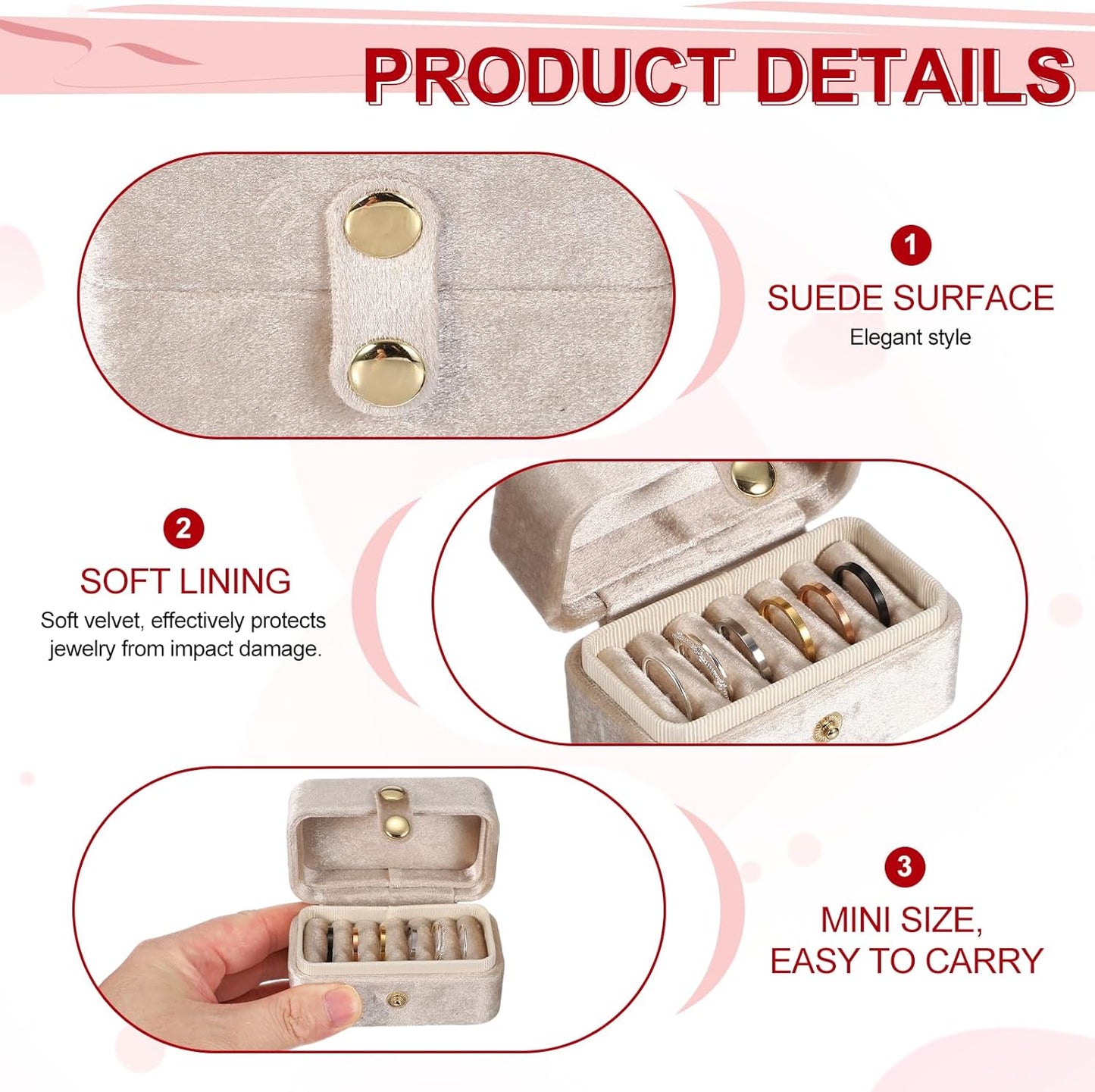 6 Slots Velvet Ring Box, 3.35 x 1.85 x 1.97 Inch Small Travel Jewelry Case Jewelry Display Holder Storage Case for Travel Ceremony Wedding, Apricot