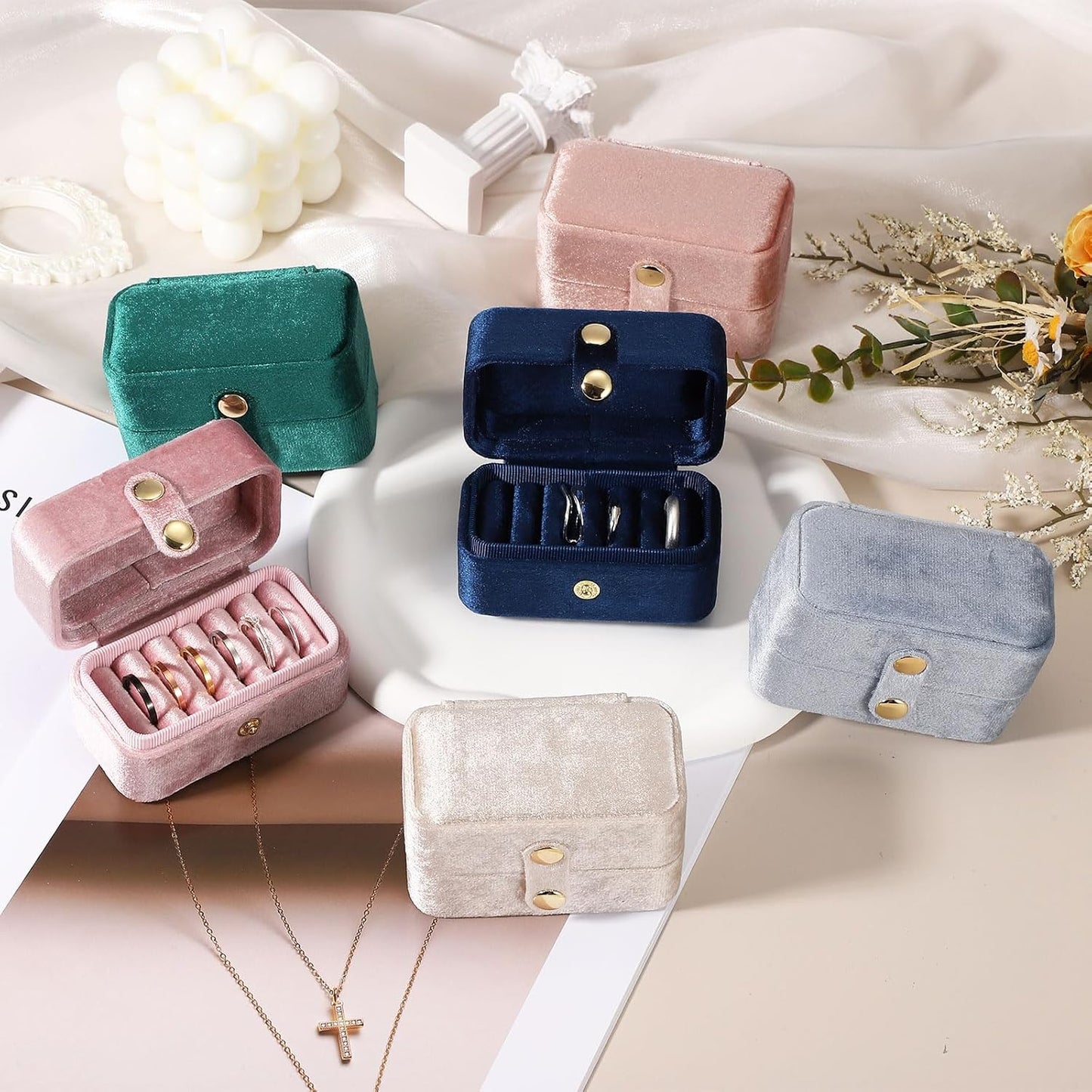 6 Slots Velvet Ring Box, 3.35 x 1.85 x 1.97 Inch Small Travel Jewelry Case Jewelry Display Holder Storage Case for Travel Ceremony Wedding, Apricot