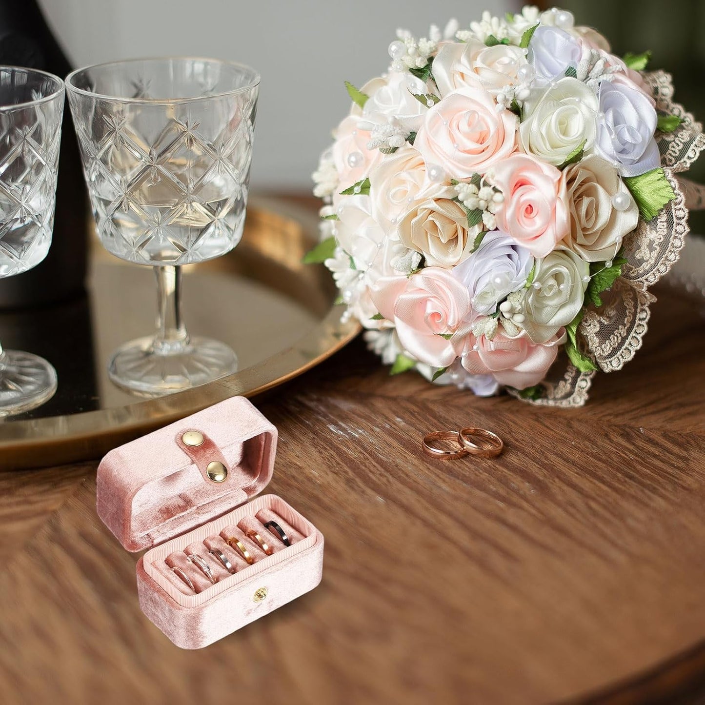 6 Slots Velvet Ring Box, 3.35 x 1.85 x 1.97 Inch Small Travel Jewelry Case Jewelry Display Holder Storage Case for Travel Ceremony Wedding, Apricot
