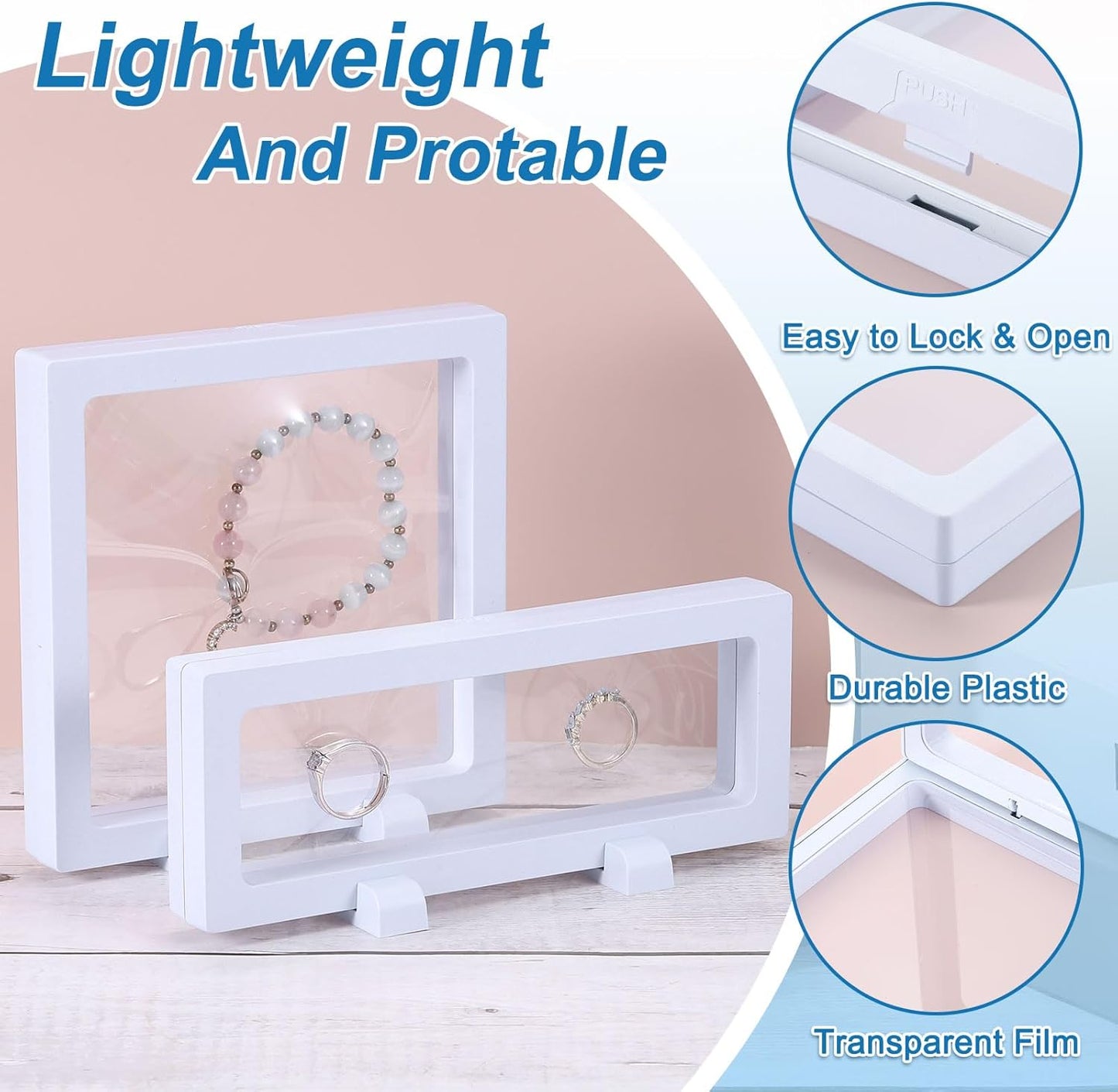 4 Pcs 3D Floating Display Case, 7.1 x 7.1 x 0.8 Inch Floating Frame Display Holder Stand, Transparent PE Jewelry Storage Box, White