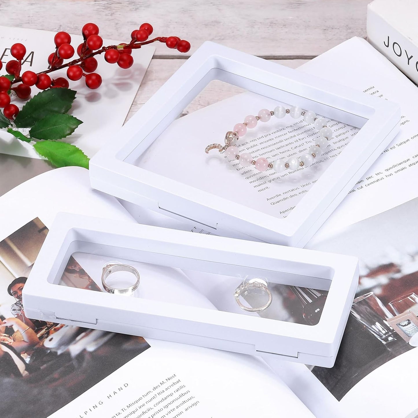 4 Pcs 3D Floating Display Case, 7.1 x 7.1 x 0.8 Inch Floating Frame Display Holder Stand, Transparent PE Jewelry Storage Box, White