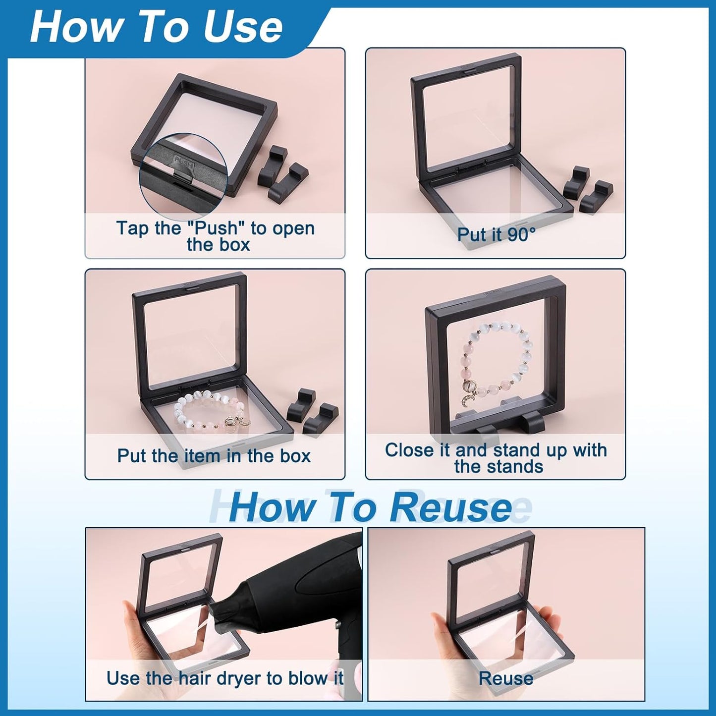 4 Pcs 3D Floating Display Case, 7.1 x 7.1 x 0.8 Inch Floating Frame Display Holder Stand, Transparent PE Jewelry Storage Box, White