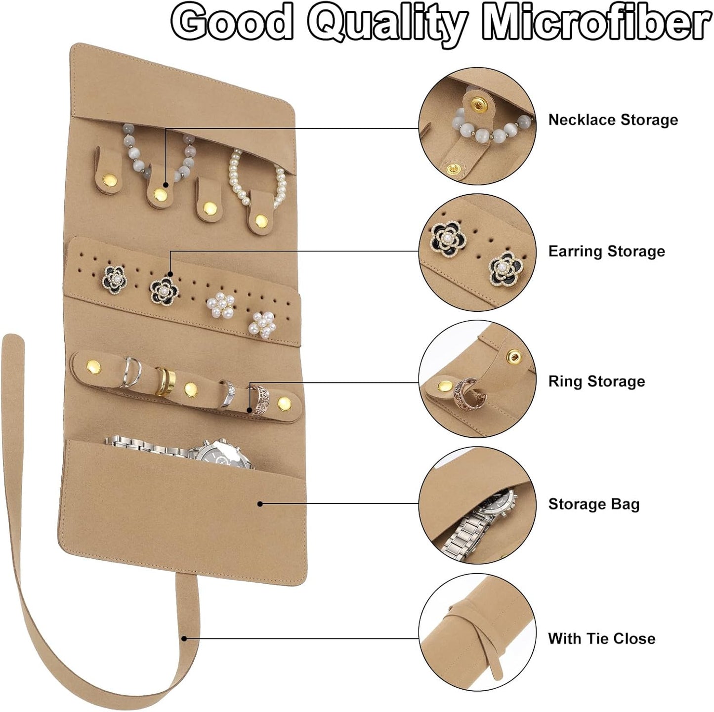 Travel Jewelry Bag Roll, Foldable Jewelry Travel Organizer with Tie Close Microfiber Jewelry Storage Roll Jewelry Case for Women Gift Necklaces Earrings Rings Bracelets, Khaki