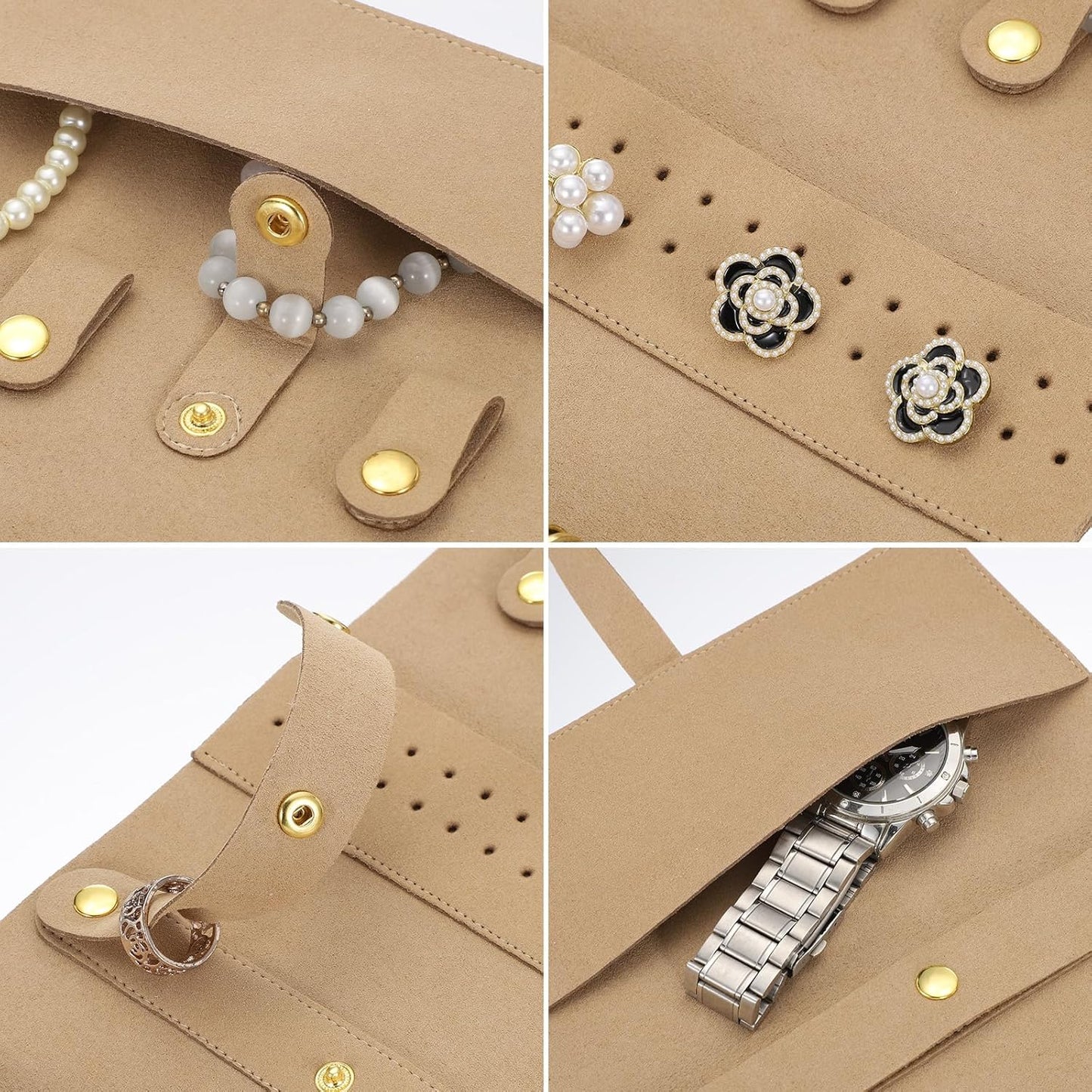 Travel Jewelry Bag Roll, Foldable Jewelry Travel Organizer with Tie Close Microfiber Jewelry Storage Roll Jewelry Case for Women Gift Necklaces Earrings Rings Bracelets, Khaki
