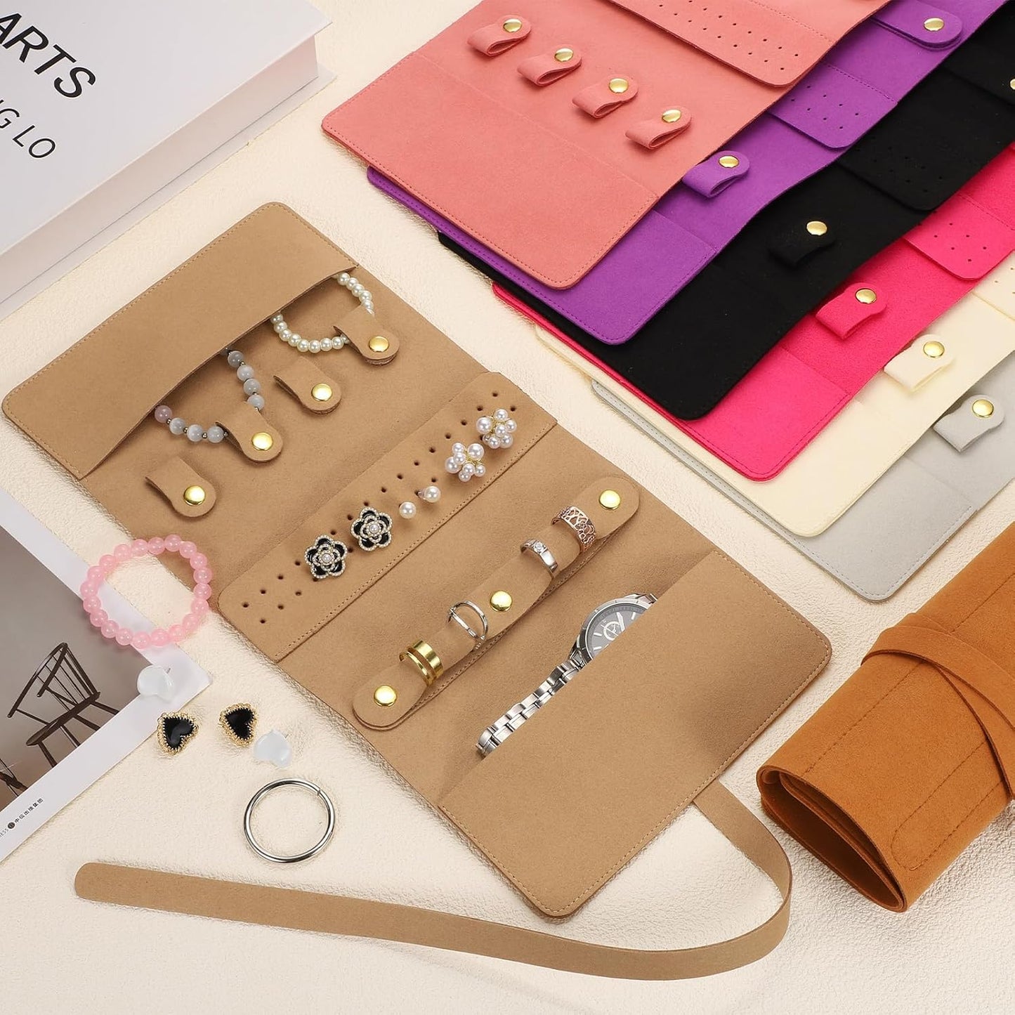 Travel Jewelry Bag Roll, Foldable Jewelry Travel Organizer with Tie Close Microfiber Jewelry Storage Roll Jewelry Case for Women Gift Necklaces Earrings Rings Bracelets, Khaki