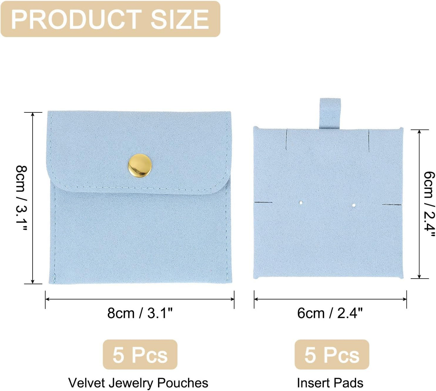 5 Pcs Microfiber Jewelry Pouches with Insert Pad, 8 x 8cm Snap Button Jewelry Velvet Gift Bags Organizer for Rings Necklace Bracelet, Light Blue