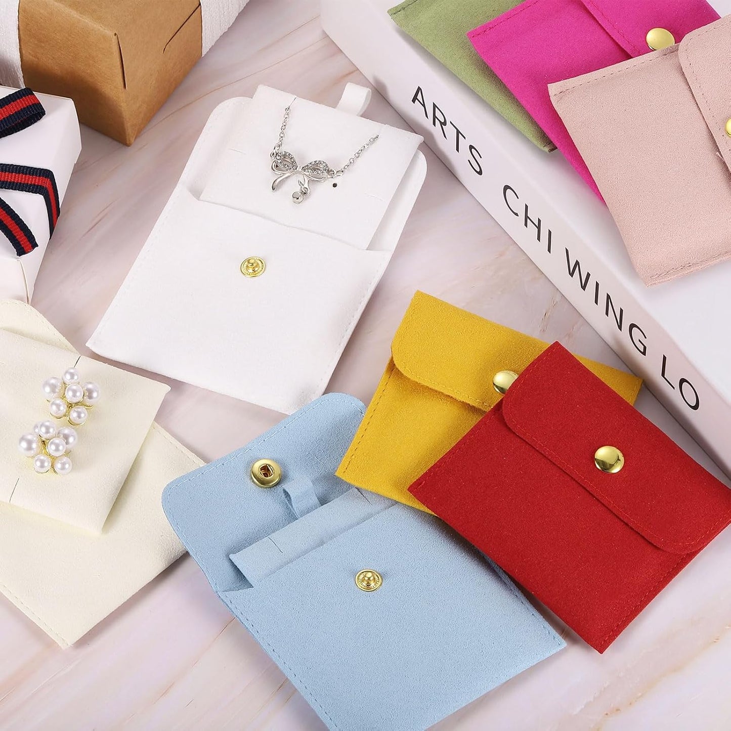 5 Pcs Microfiber Jewelry Pouches with Insert Pad, 8 x 8cm Snap Button Jewelry Velvet Gift Bags Organizer for Rings Necklace Bracelet, Light Blue
