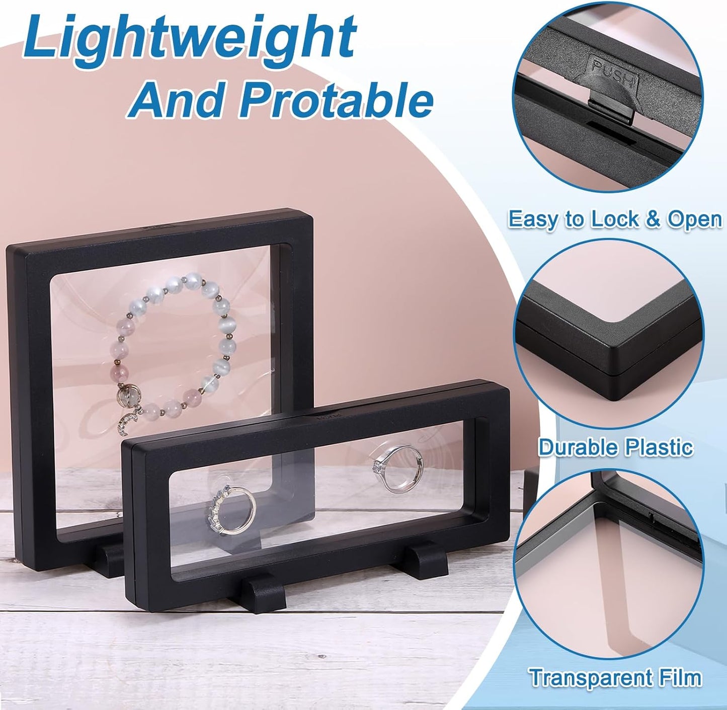 2 Pcs 3D Floating Display Case, 6.3 x 6.3 x 0.8 Inch Floating Frame Display Holder Stand, Transparent PE Jewelry Storage Box, Black