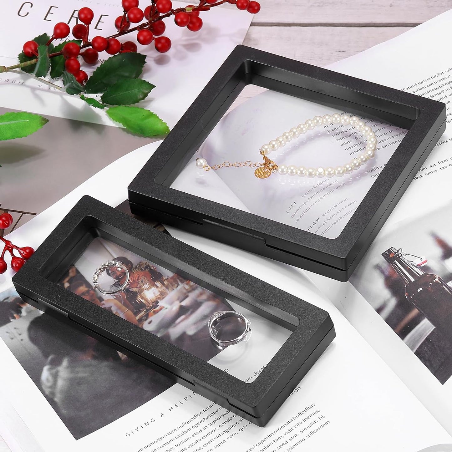 2 Pcs 3D Floating Display Case, 6.3 x 6.3 x 0.8 Inch Floating Frame Display Holder Stand, Transparent PE Jewelry Storage Box, Black