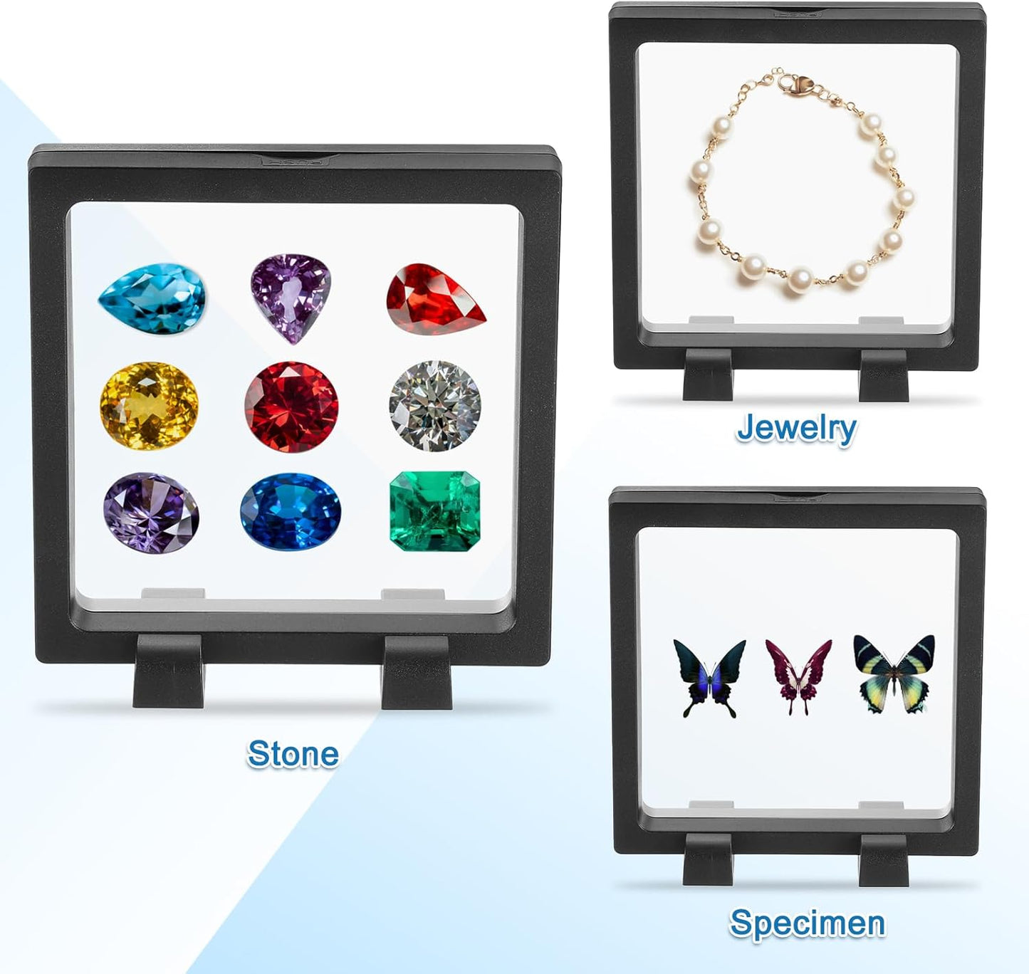 2 Pcs 3D Floating Display Case, 6.3 x 6.3 x 0.8 Inch Floating Frame Display Holder Stand, Transparent PE Jewelry Storage Box, Black