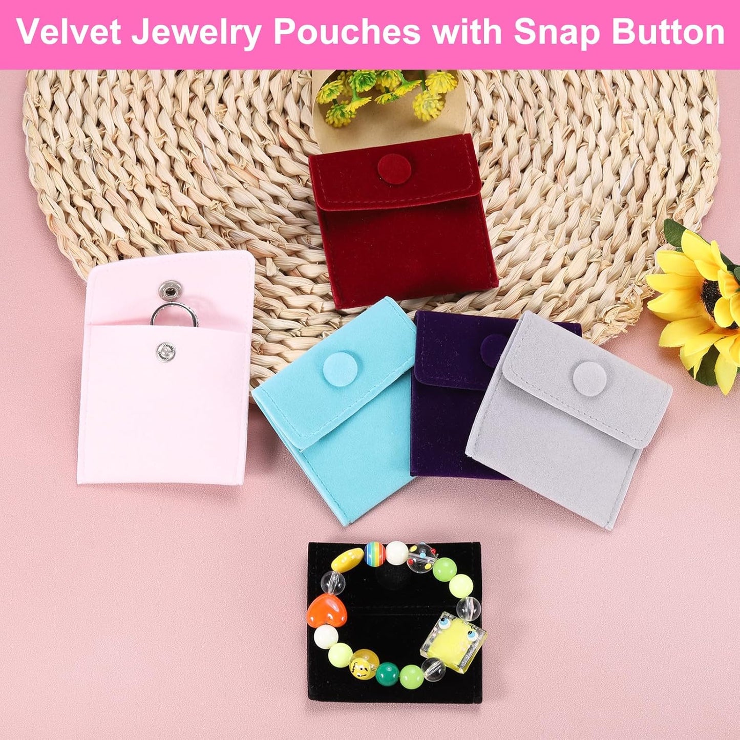 12 Pcs Velvet Jewelry Pouches with Snap Button 2.8x2.8 Inches,Soft Jewelry Pouches Storage Bags Small Velvet Gift Bags with 10 Divider Fit for Rings Necklace Bracelet, Pink