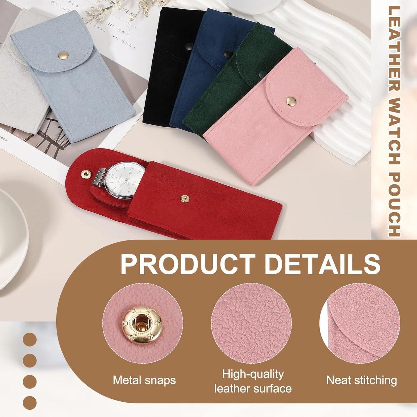 4 Pcs Velvet Watch Pouch, 5.1 x 2.8 Inch Portable Travel Case Jewelry Storage Bag Single Watch Storage Pouch for Men and Women with Snap Button for Travel Home, Pink