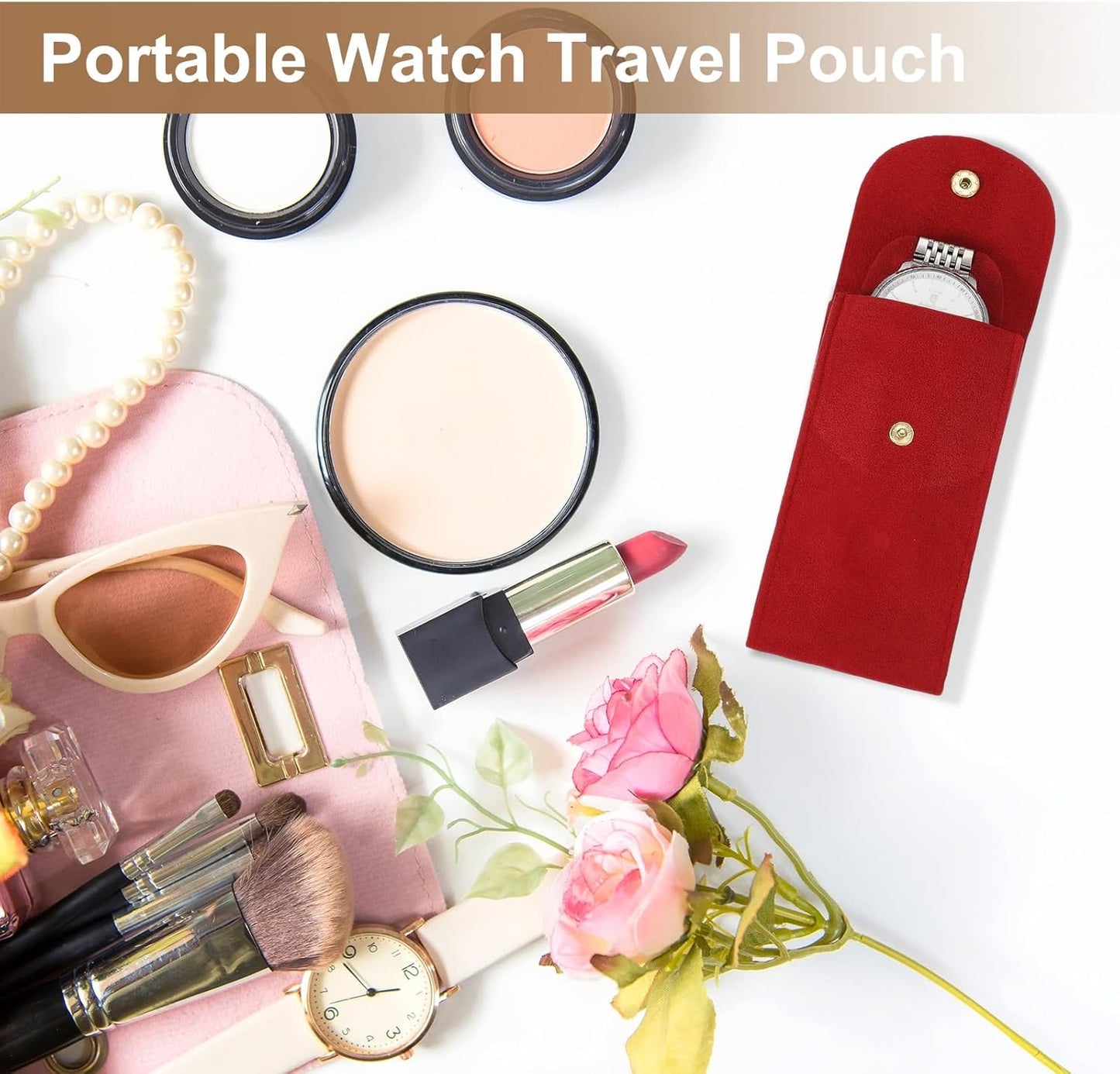 4 Pcs Velvet Watch Pouch, 5.1 x 2.8 Inch Portable Travel Case Jewelry Storage Bag Single Watch Storage Pouch for Men and Women with Snap Button for Travel Home, Pink