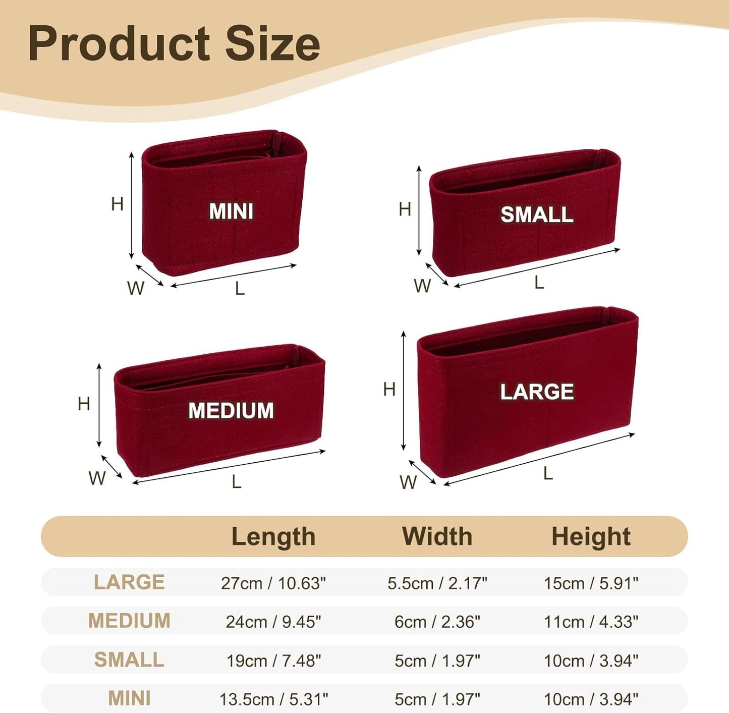 Purse Organizer Insert, Felt Portable Handbag Shaper Multiple Compartments Liner Pouch for Handbag Purse Tote Bag, 9.5" x 2.4" x 4.3", Burgundy