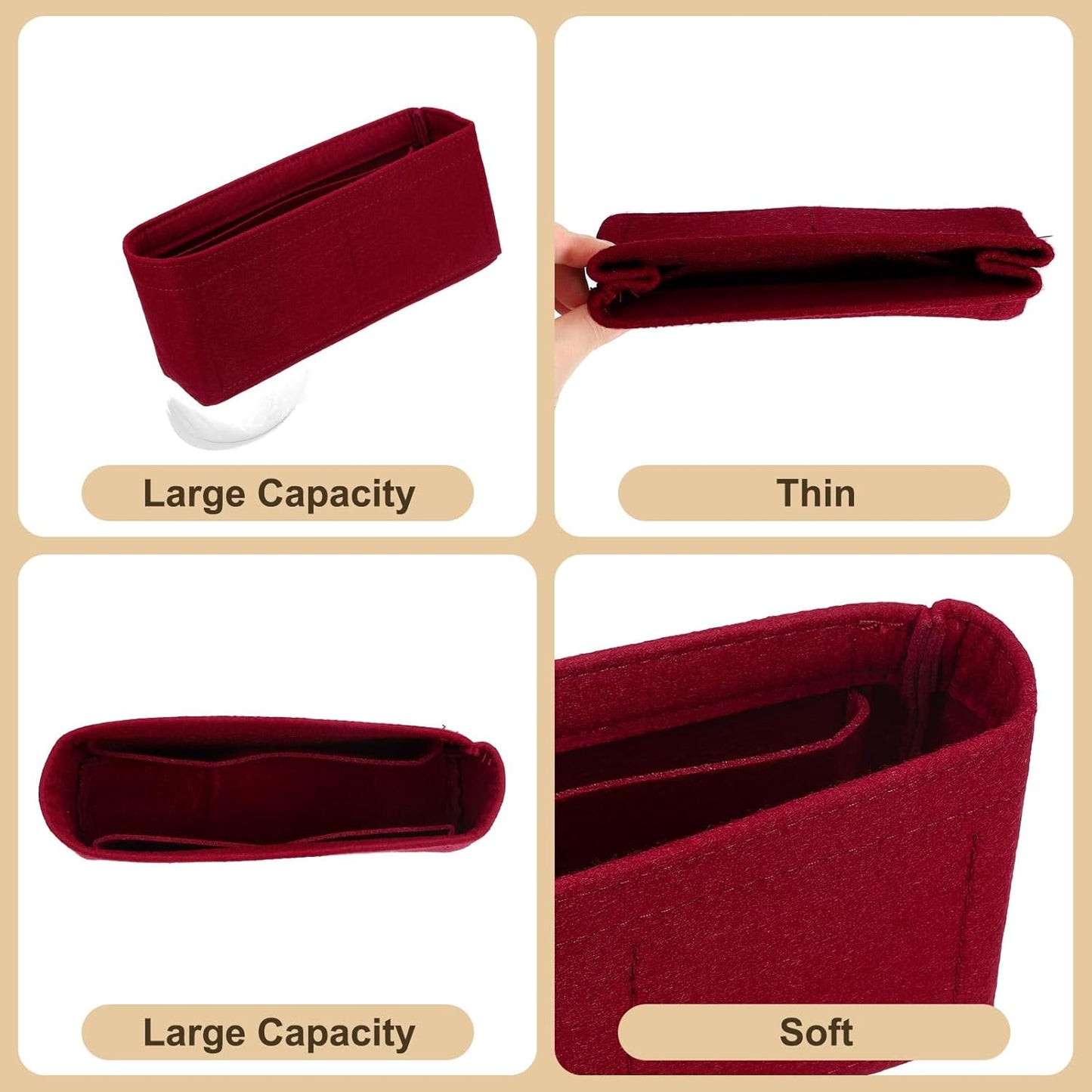 Purse Organizer Insert, Felt Portable Handbag Shaper Multiple Compartments Liner Pouch for Handbag Purse Tote Bag, 9.5" x 2.4" x 4.3", Burgundy