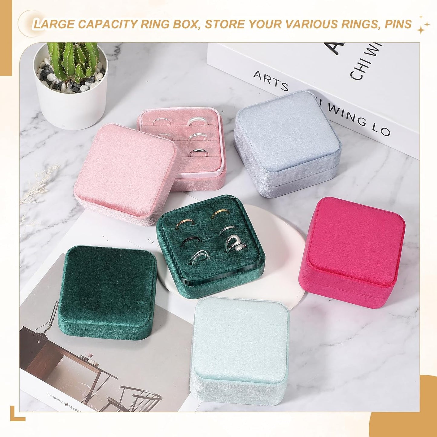 Large Ring Box, Velvet 3 Slot Ring Tray Boxes Rings Holder Display Jewelry Tray Small Jewelry Organizer for Engagement Proposal Wedding Day, Pink