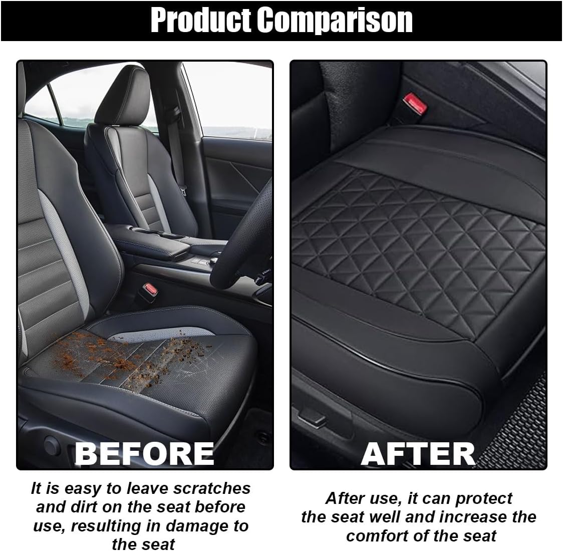 Leather Car Seat Cover, Auto Front Bottom Seat Cover Luxury Car Seat Protector Anti-Slip Waterproof Cushion Cover with Storage Pocket, for Most Cars, Trucks, SUVs (Black)