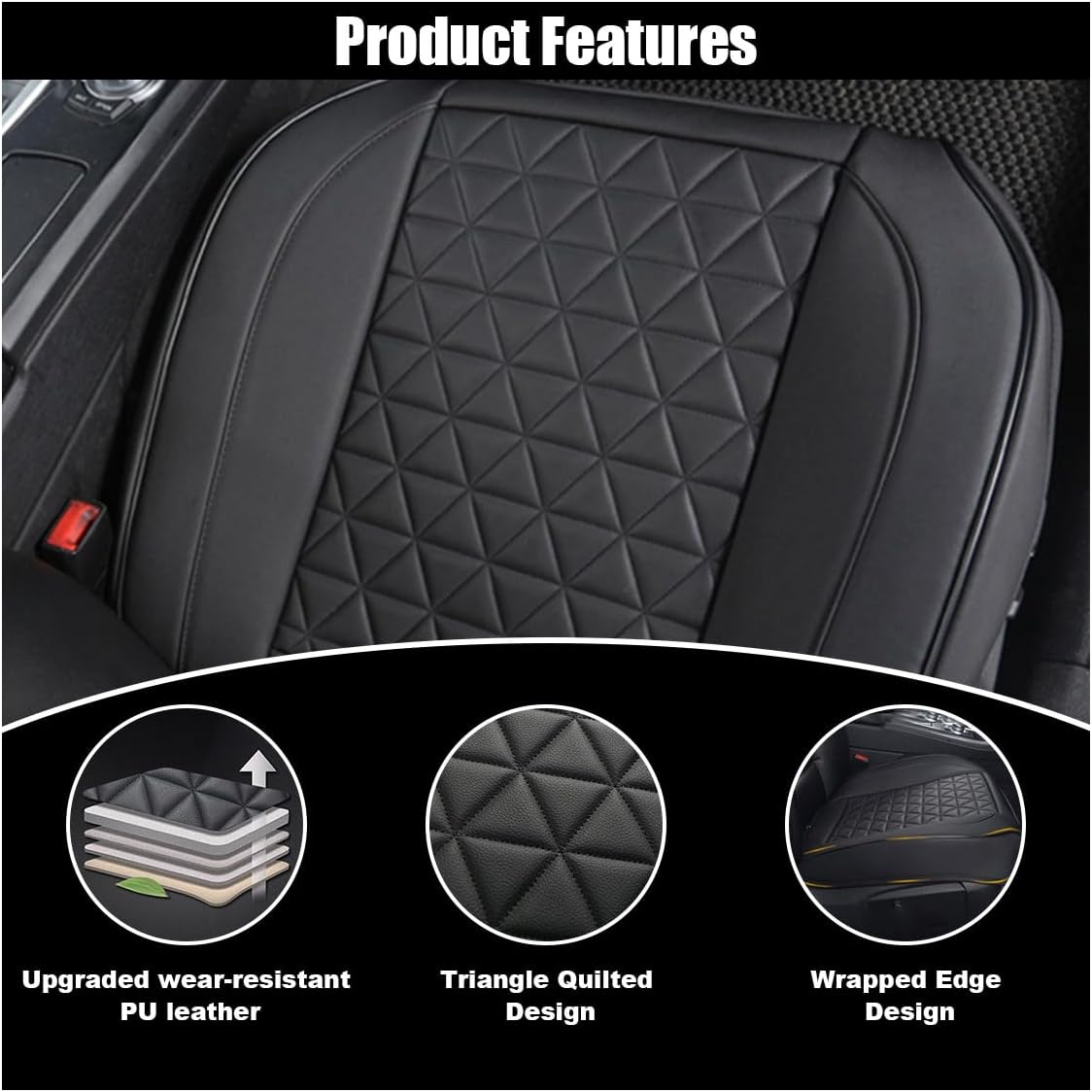 Leather Car Seat Cover, Auto Front Bottom Seat Cover Luxury Car Seat Protector Anti-Slip Waterproof Cushion Cover with Storage Pocket, for Most Cars, Trucks, SUVs (Black)