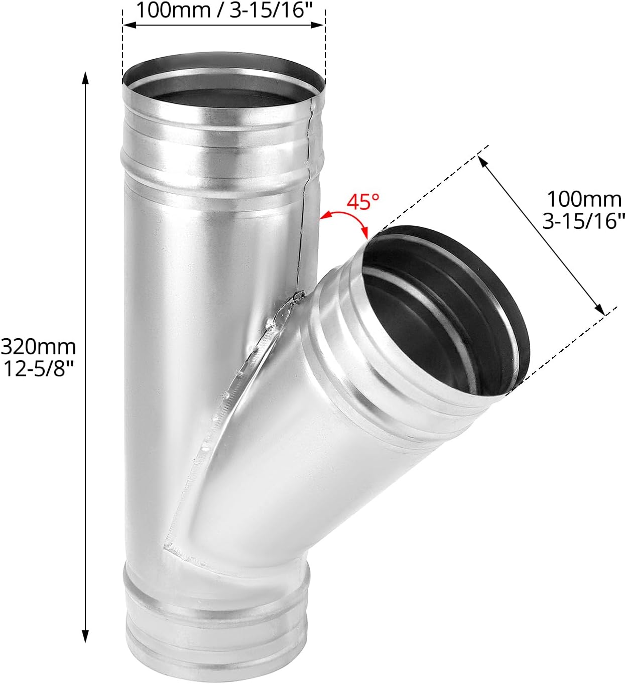 4" Duct Splitter, 45° Degree 4 Inch Branch Metal Duct Connector 3 Way Hose Adapter/Splitter
