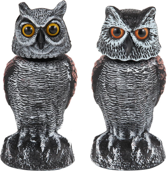 2 Pack Fake Owl Decoys to Scare Birds Away, Rotating Head Bird Deterrents, Nature Enemy Scarecrow Plastic Statues, Pest Repellent for Gardens and Patios