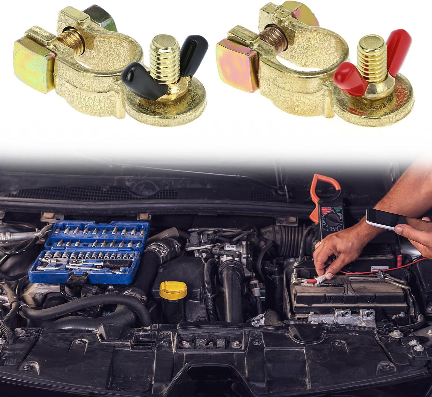 Brass Marine Grade Battery Terminal Top Post, 4 Pairs Battery Terminal Connectors, Battery Terminal Clamps for Boat Car RV, Fit All Standard Top of Post Batteries, 4 Positive + 4 Negative