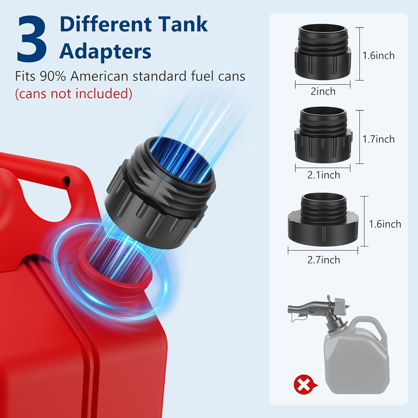 Fuel Transfer Pump with Auto-stop Sensor -3.2 GPM, 3 Tank Adapters, 51" Hose Portable Fuel Pump Battery Operated Liquid Pump, Gas Transfer Pump for Gasoline, Diesel, Oil (Can Not Included)