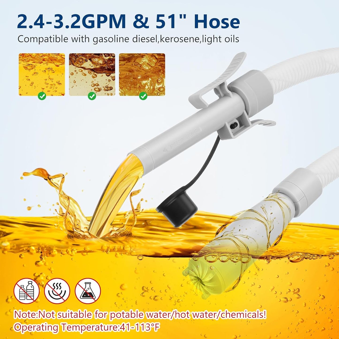 Fuel Transfer Pump with Auto-stop Sensor -3.2 GPM, 3 Tank Adapters, 51" Hose Portable Fuel Pump Battery Operated Liquid Pump, Gas Transfer Pump for Gasoline, Diesel, Oil (Can Not Included)