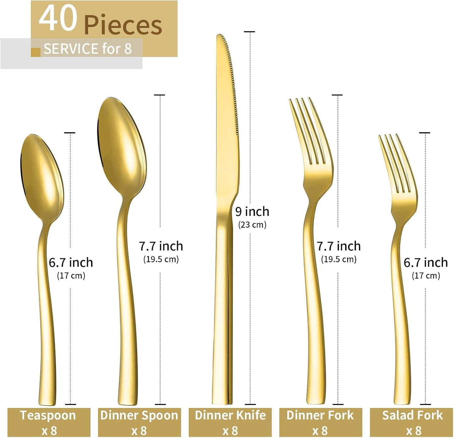 Gold Silverware Set,  40 Piece Stainless Steel Flatware Cutlery Set Service for 8 Luxury Square Tableware Thick Knife Fork Spoon for Home Kitchen Restaurant Wedding, Mirror Polished