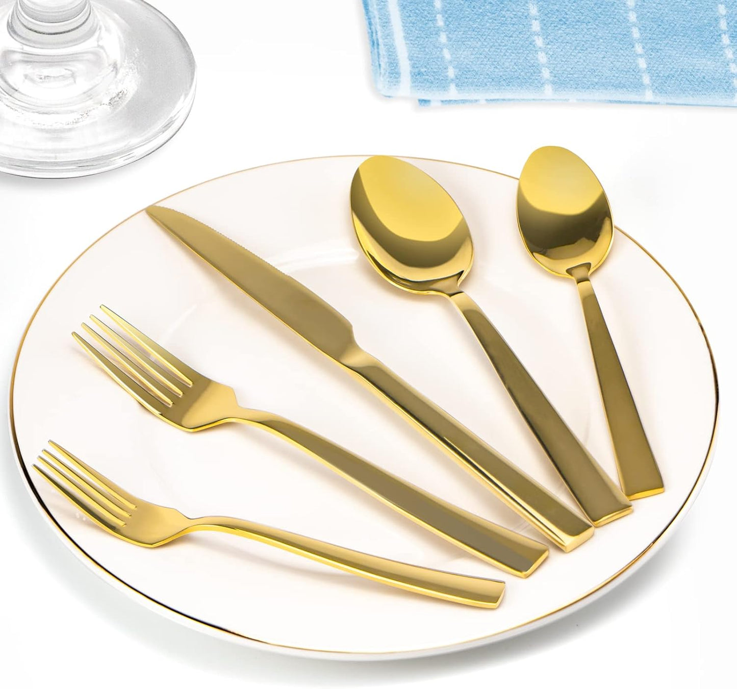 Gold Silverware Set,  40 Piece Stainless Steel Flatware Cutlery Set Service for 8 Luxury Square Tableware Thick Knife Fork Spoon for Home Kitchen Restaurant Wedding, Mirror Polished