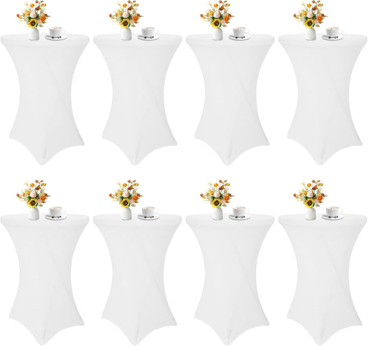 8 Pack Cocktail Table Covers 32x43 Inch Fitted Stretch Spandex Square Corners White Table Cover High Top Cocktail Round Tablecloth for Party, Wedding, Birthday, Banquet(White)