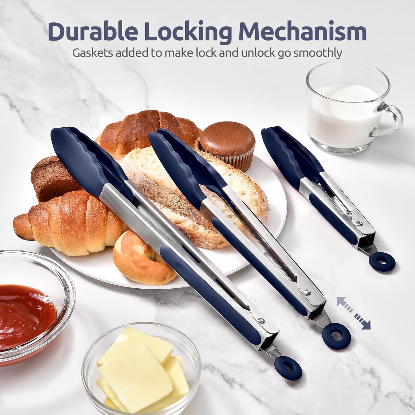 600ºF Heat Resistant Kitchen Tongs:  7/9/12 inch Silicone Cooking Tong Set with Non Stick Rubber Tips and Silicon Coated 18/8 Stainless Steel Handle for Serving Grilling Salad(Midnight Blue)