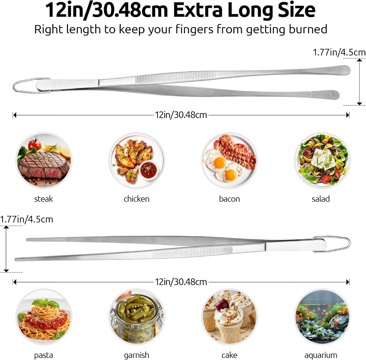 12" Kitchen Cooking Tweezer Set: 18/8 Stainless Steel Food-Grade Metal Food Tong, Flexible Pinching, Seamless-Welding, Sturdy and Non-Slip for Serving, Grilling, Frying (Round & Pointed Tip)