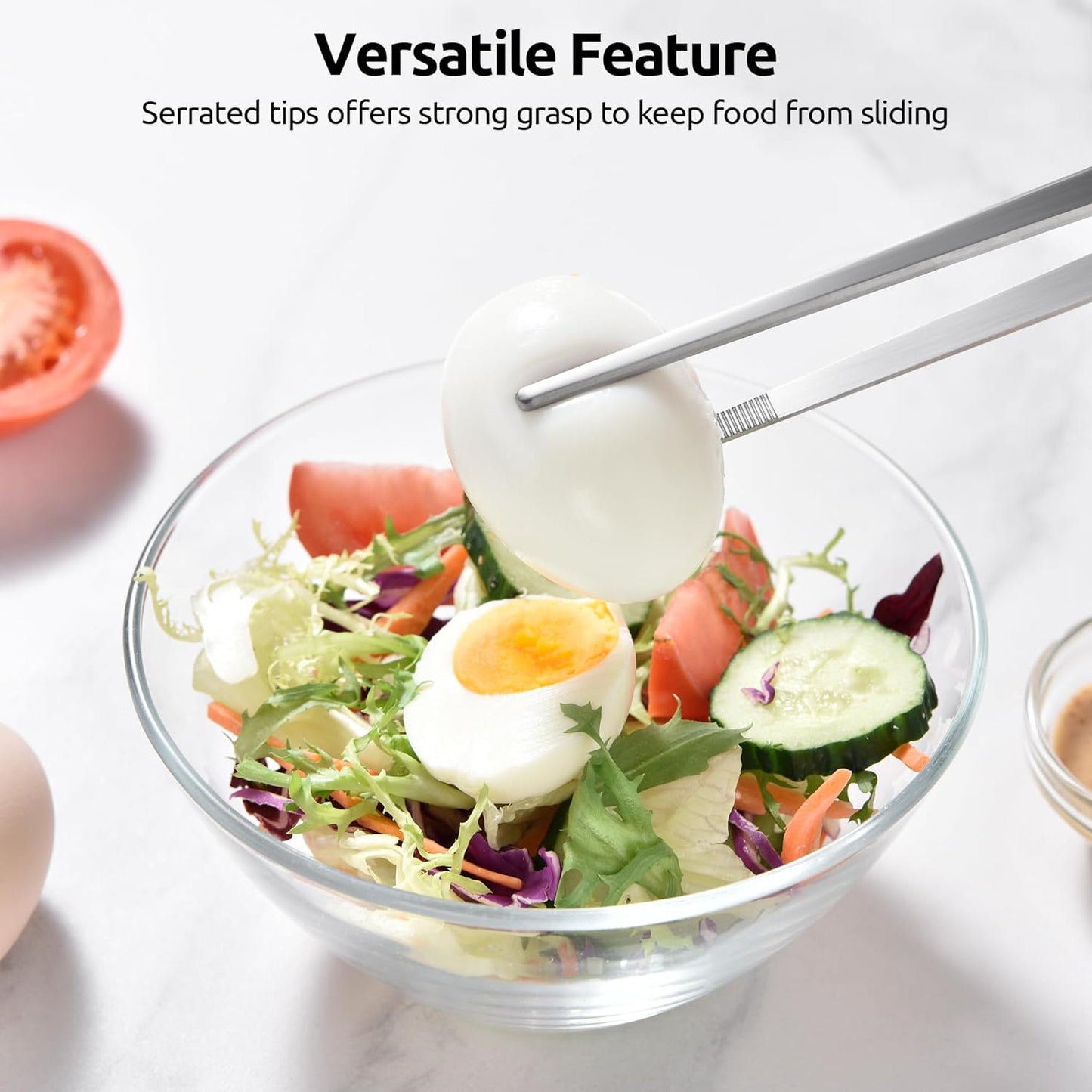 12" Kitchen Cooking Tweezer Set: 18/8 Stainless Steel Food-Grade Metal Food Tong, Flexible Pinching, Seamless-Welding, Sturdy and Non-Slip for Serving, Grilling, Frying (Round & Pointed Tip)