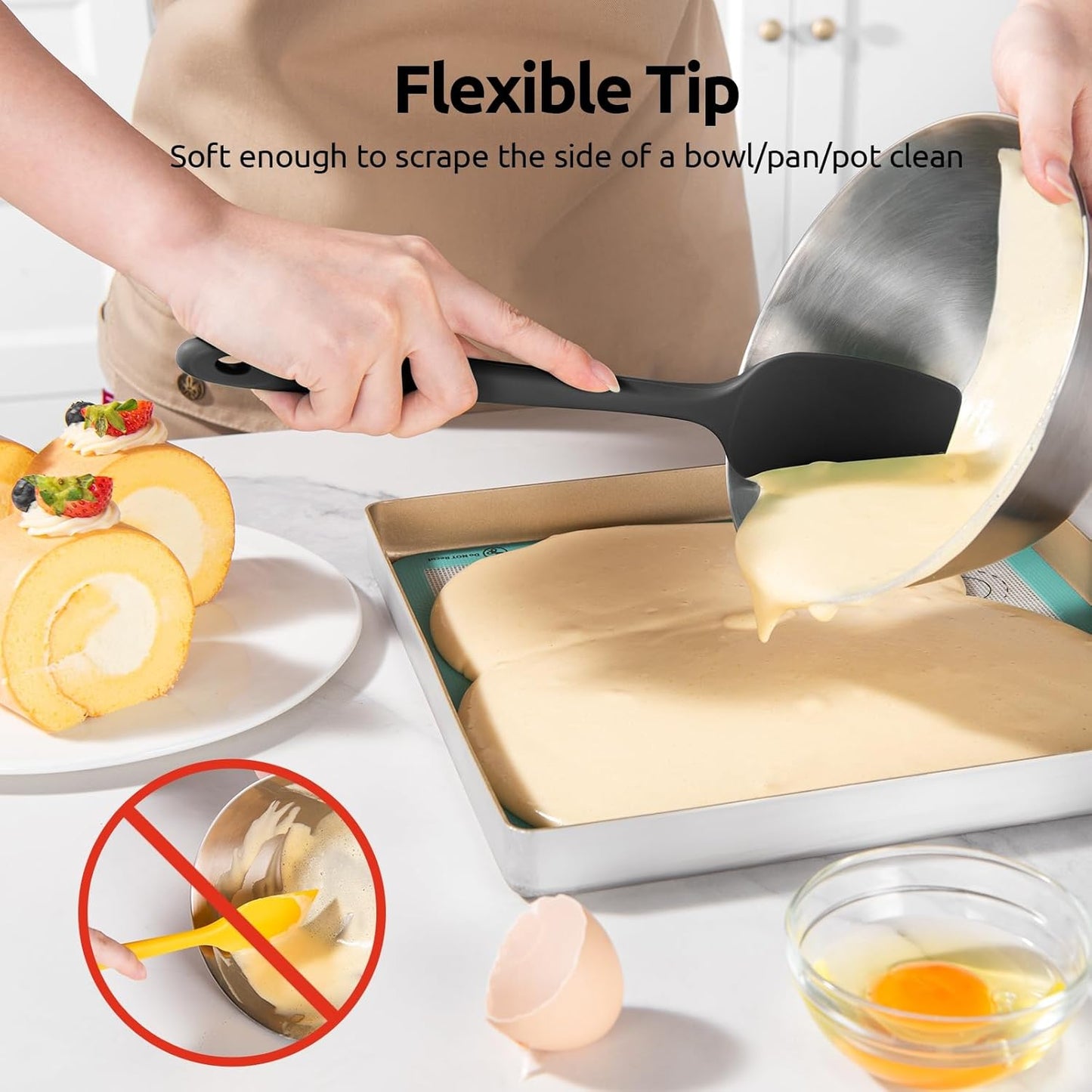 600ºF Heat Resistant Silicone Spatulas: Flexible Food-Grade Silicon Baking Scraper, Kitchen Cooking Mixing Utensils with Upgraded Sturdy Handle Tip for Nonstick Cookware (4-Pc., Black)