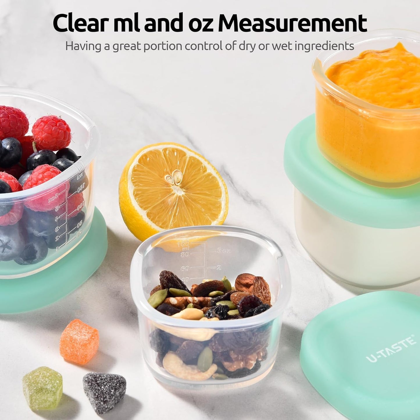 3oz 6oz Small Storage Containers: Food Grade Liquid-Silicone Freezer Box with Airtight Lid, Microwave Safe with Clear Measurements, Reusable for Meal Prepping Portion (Set of 4, Aqua Sky)