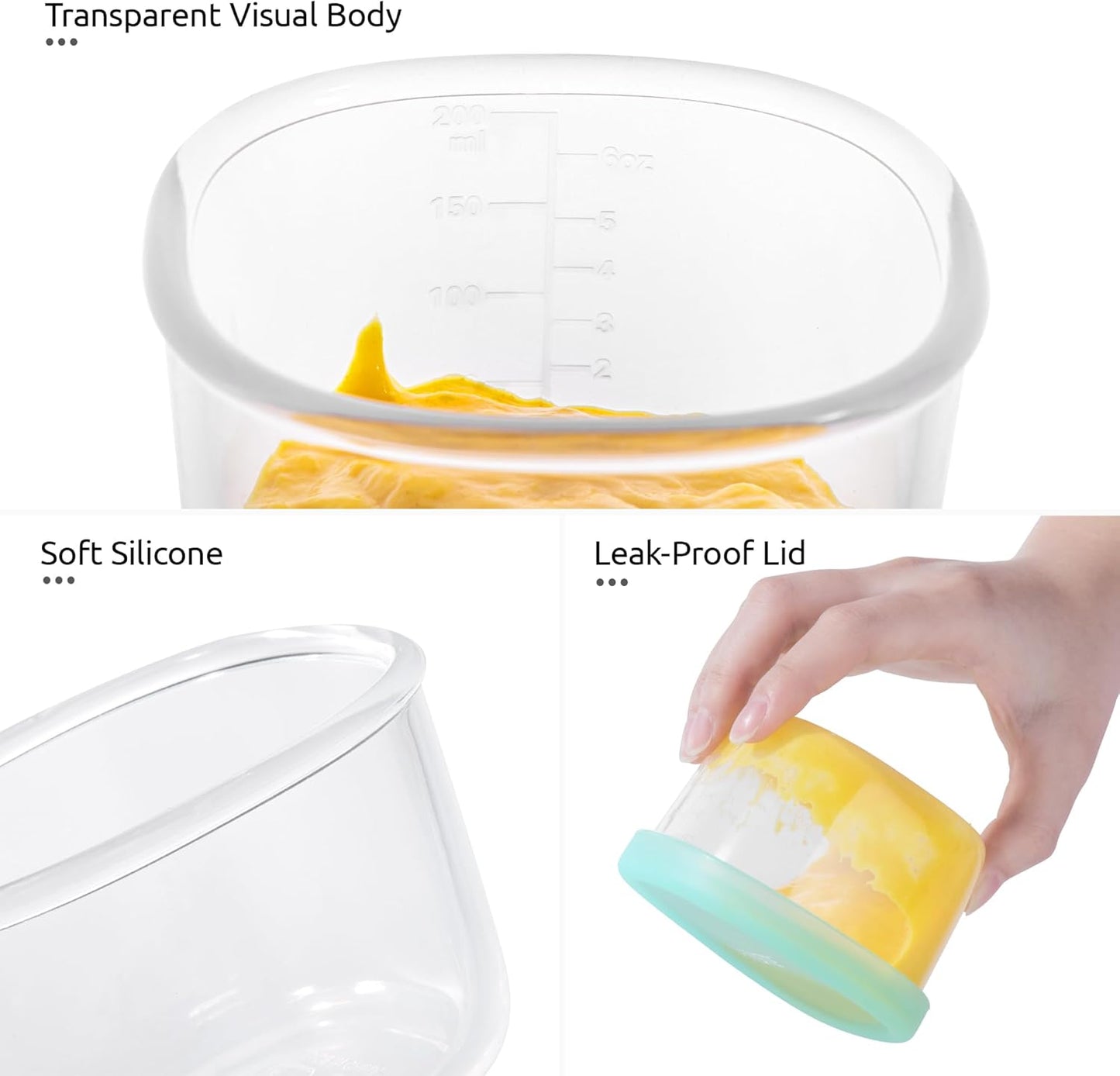 3oz 6oz Small Storage Containers: Food Grade Liquid-Silicone Freezer Box with Airtight Lid, Microwave Safe with Clear Measurements, Reusable for Meal Prepping Portion (Set of 4, Aqua Sky)